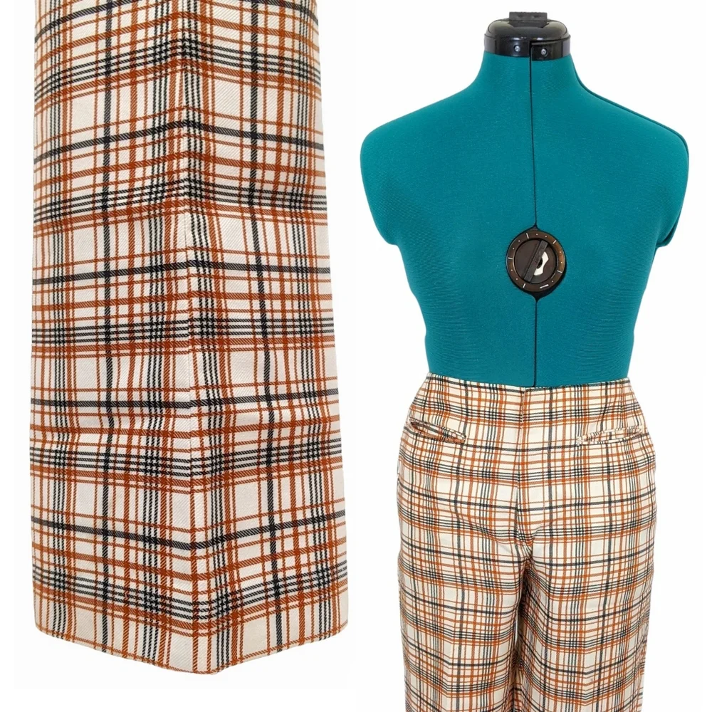 1960s Levi's for Gals Pants 1970s Bootcut Flare Trousers Plaid Brown Mid Rise - Picture 5 of 9